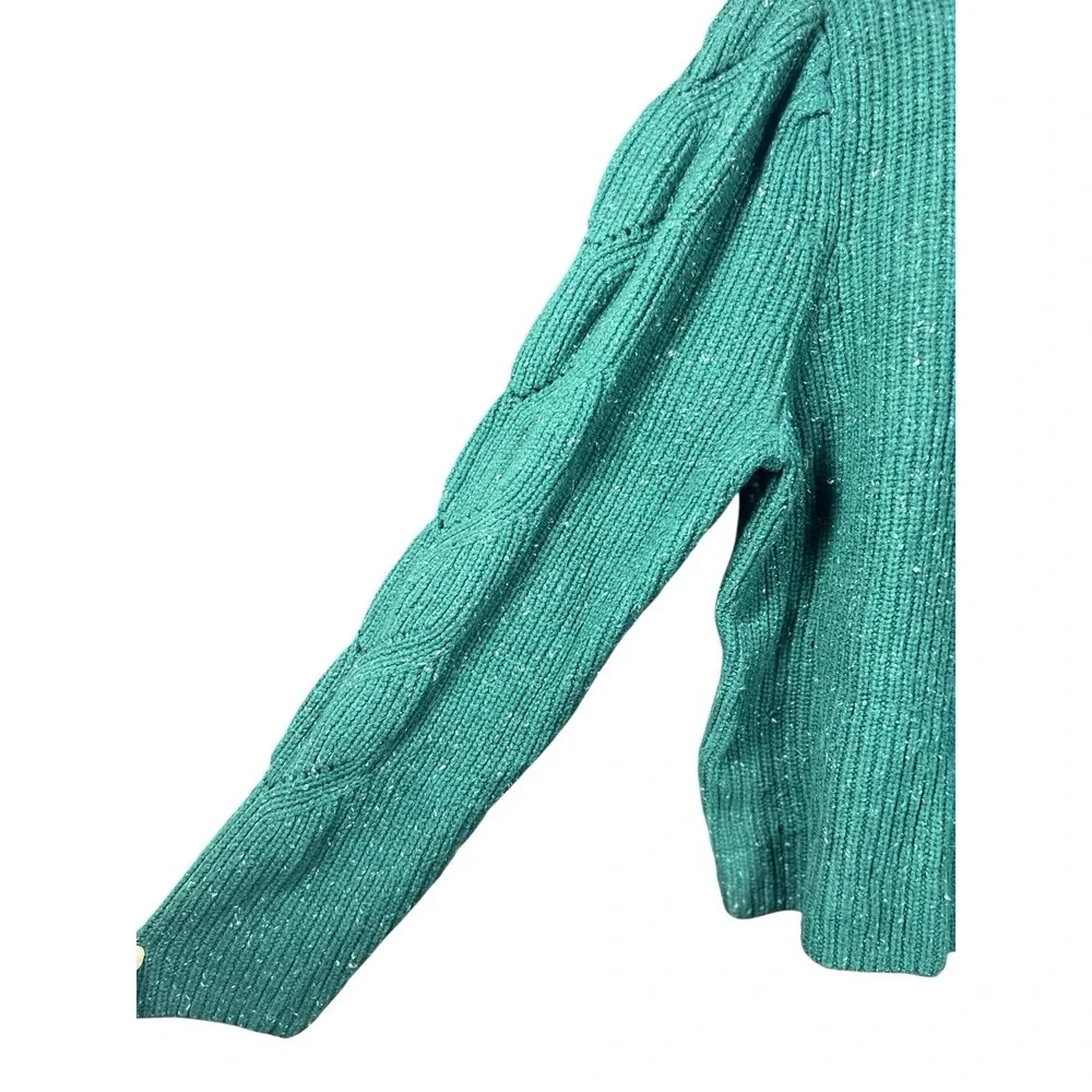 Talbots XL Green Tweed‎ Puff Sleeve Cable Knit Button Cardigan Speckled Sweater - Picture 6 of 10